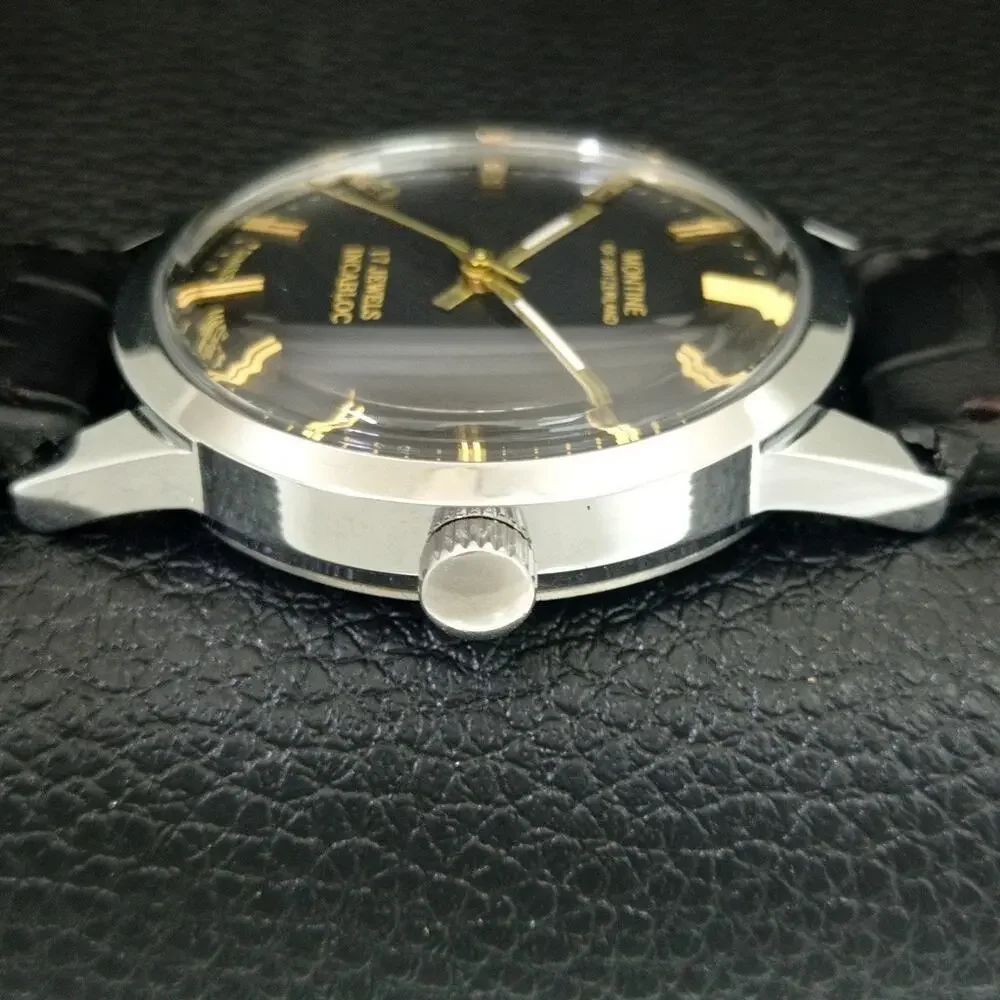 Vintage 1976 Montine Of Switzerland Manual Mens Silver Watch W/Leather Strap